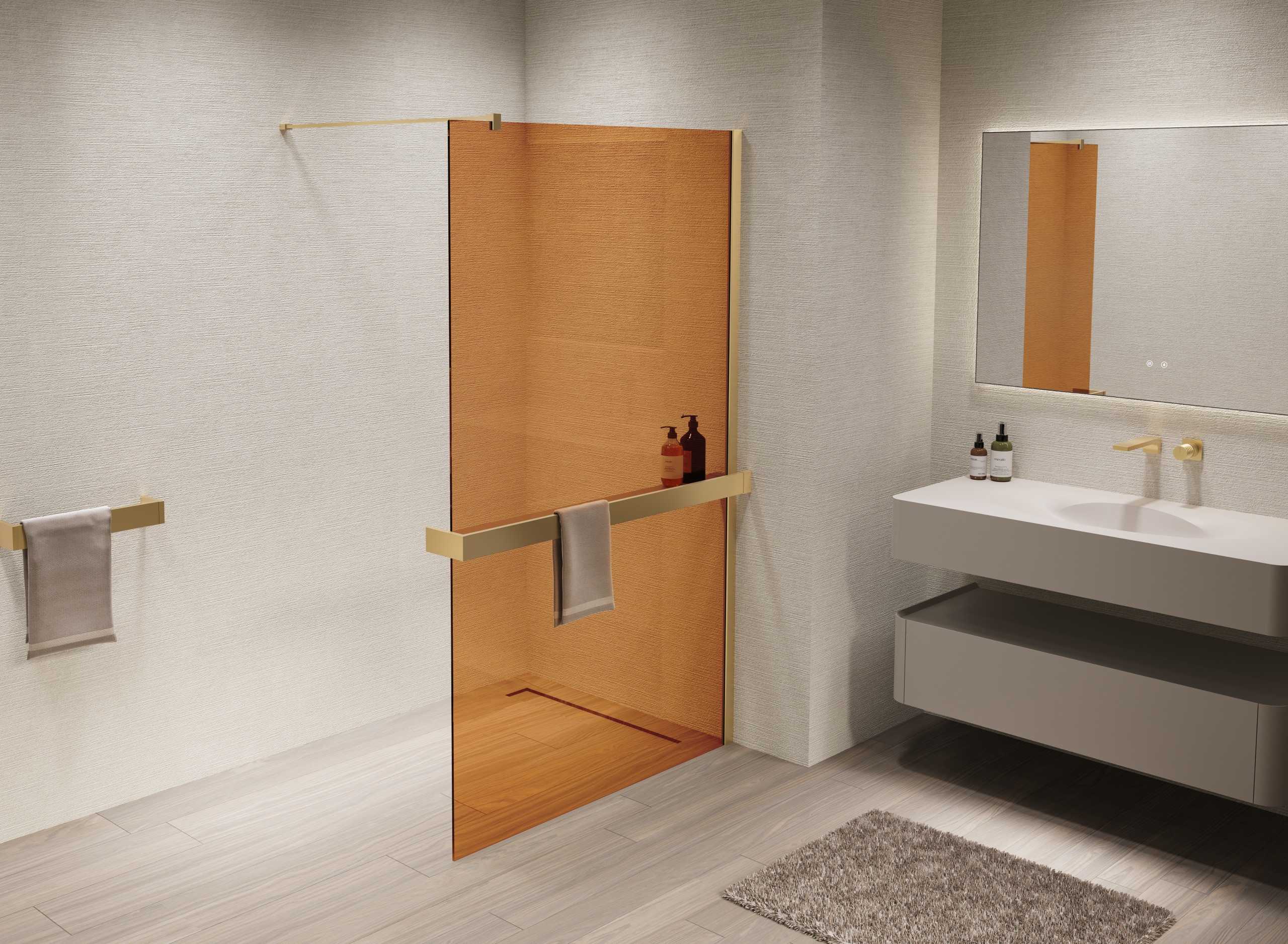 Душевая перегородка Walk-In VSW-1HR900GSG, 900*2000, матовый золотой, стекло янтарь - Gidratop.ru изображение