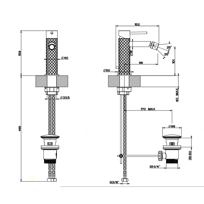 GESSI 316 смеситель для биде на 1 отверстие с донным клапаном, излив 118мм, цвет: steel brushed - Gidratop.ru изображение