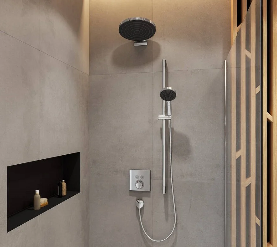 Верхний душ с держателем Hansgrohe Pulsify 24151000 S, EcoSmart, 26 см, 1 режим струи, хром, диск графит - Gidratop.ru изображение