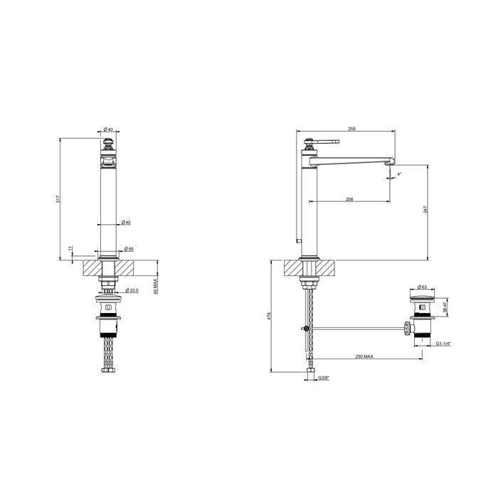 GESSI VENTI20 смеситель для раковины на 1 отверстие, однорычажный, высокий, в комплекте с донным клапаном, цвет Black Metal Brushed PVD - Gidratop.ru изображение