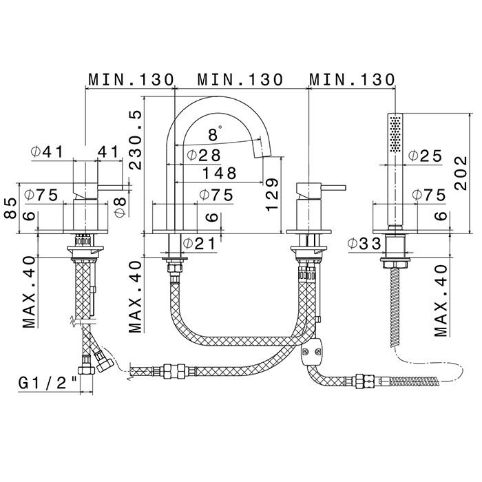 Newform X-STEEL 316 Смеситель для ванны набортный с изливом, в комплекте руч. душ, шланг, цвет: INOX - Gidratop.ru изображение