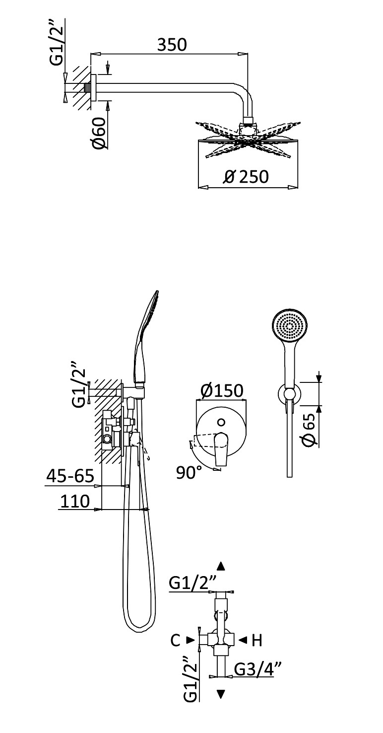 NAUTIC-DSIP-BIO Душевая система с переключателем для верхнего и ручного душа, верхний душ из стены, диаметр 25 см, верхняя лейка металл, исполнение Белый матовый - Gidratop.ru изображение
