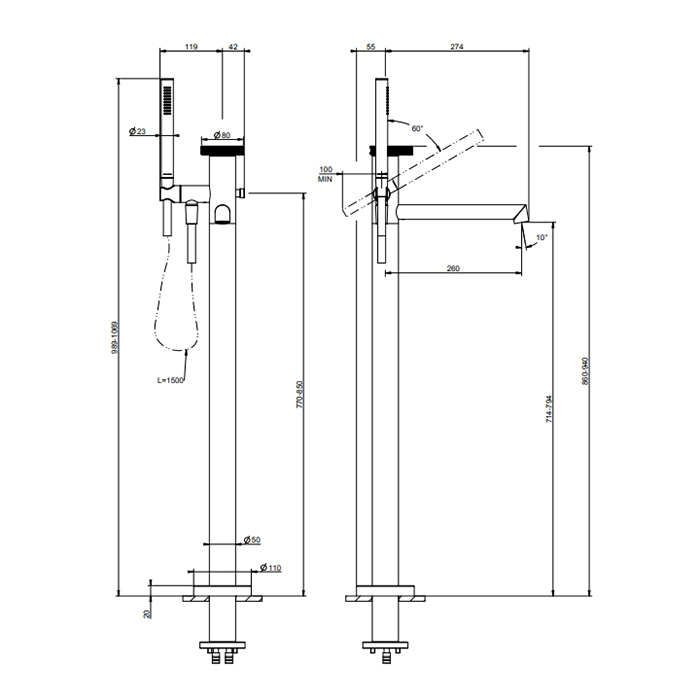 GESSI ANELLO смеситель для ванны напольный, с ручным душем и шлангом 1500 мм., внешняя часть, цвет Finox Brushed Nickel - Gidratop.ru изображение