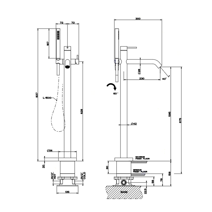 GESSI 316 напольный смеситель для ванны с душевой лейкой (внешние части), цвет: steel brushed - Gidratop.ru изображение