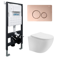 Комплект подвесной унитаз ABBER Bequem AC1100T белый с инсталляцией AC0105 и кнопкой AC0121RG золото розовое - Gidratop.ru изображение