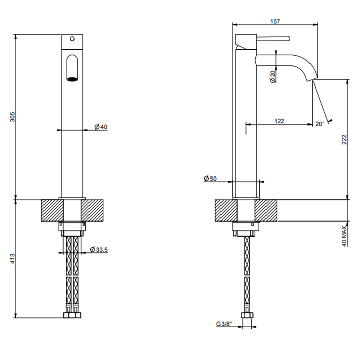 GESSI 316 смеситель для раковины на 1 отверстие, высокий h=305мм,  без донного клапана, излив 123мм, цвет: brushed black metal pvd - Gidratop.ru изображение
