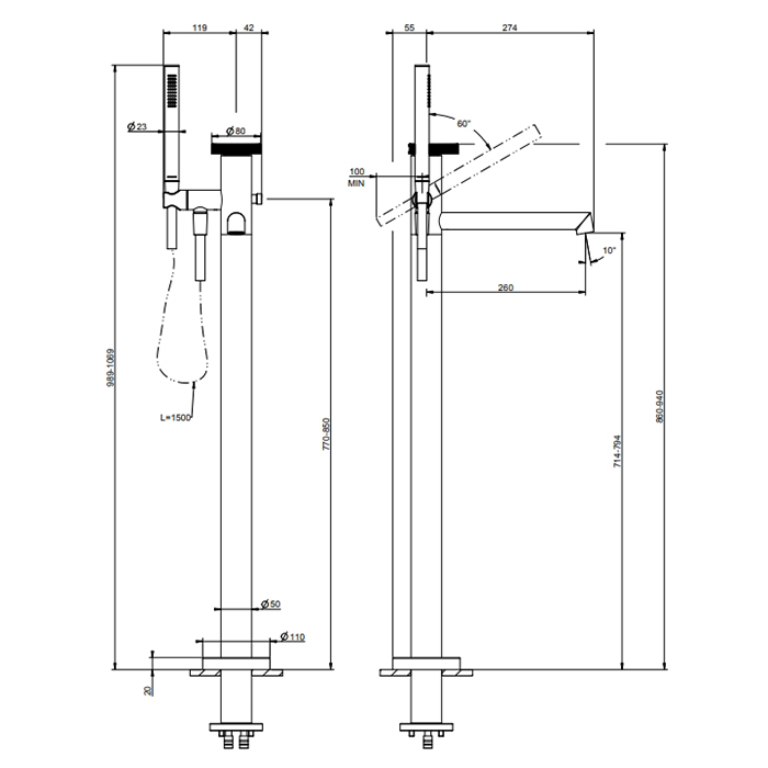 GESSI Anello смеситель напольный для ванный, цвет Black Metal Brushed PVD(без внутренней части) - Gidratop.ru изображение