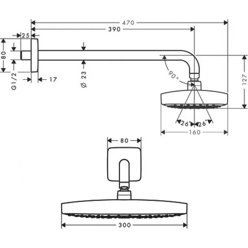 Верхний душ Hansgrohe Select E, 30 х 16 см, EcoSmart, 2 режима струи, с держателем, хром, 26609000 - Gidratop.ru изображение