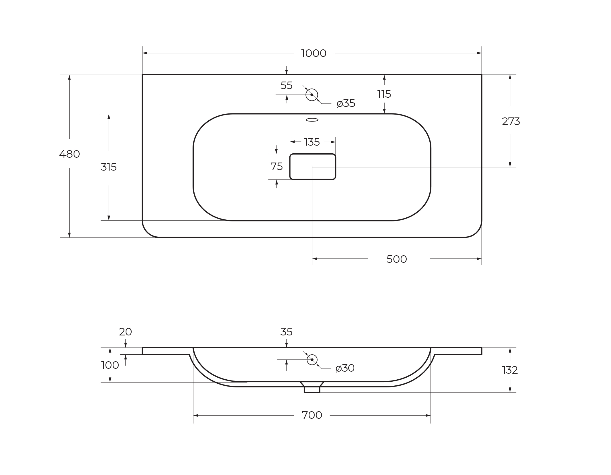 раковина из искусственного мрамора, 1000x480x132, CZR-1000/480-LV-MR-NV - Gidratop.ru изображение