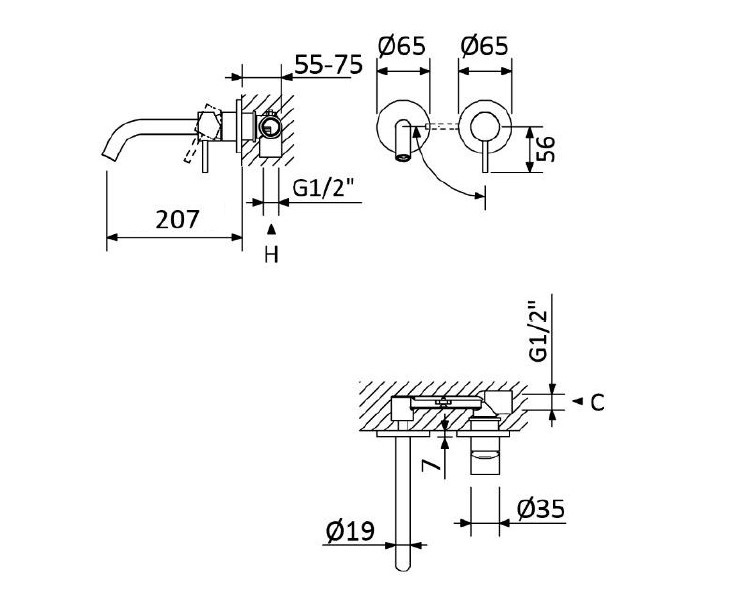 LEAF-BLI2-20-L-01-W0 Смеситель для раковины встраиваемый однорычажный, на два отверстия, длина излива 20 см, исполнение Хром - Gidratop.ru изображение