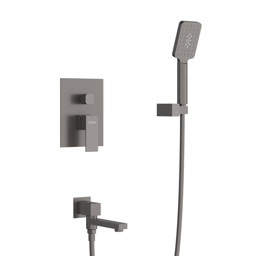 SLIDER-VDSET-GM Душевой комплект встраиваемый с изливом (смеситель встраиваемый, верхний душ, ручной душ со шлангом, излив, штуцер с держателем), оружейная сталь - Gidratop.ru изображение