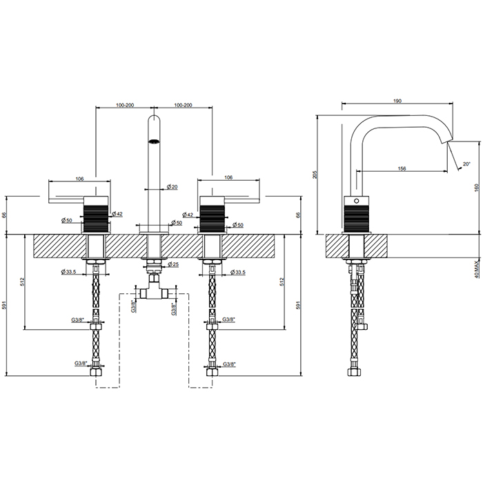 GESSI 316 смеситель для раковины на 3 отверстия, без донного клапана, излив 156мм, h=201мм, цвет: brushed black metal pvd - Gidratop.ru изображение