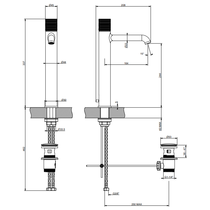 GESSI HABITO TRAME смеситель для раковины высокий  на 1 отверстие, однорычажный, в комплекте с донным клапаном, цвет Black Metal Brushed PVD - Gidratop.ru изображение