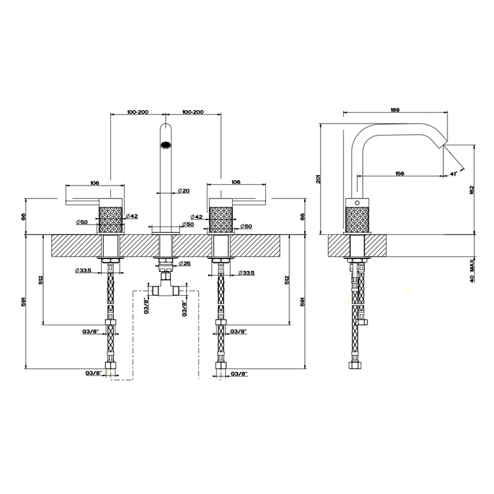 GESSI 316 смеситель для раковины на 3 отверстия, без донного клапана, излив 156мм h=201мм, цвет: steel brushed - Gidratop.ru изображение