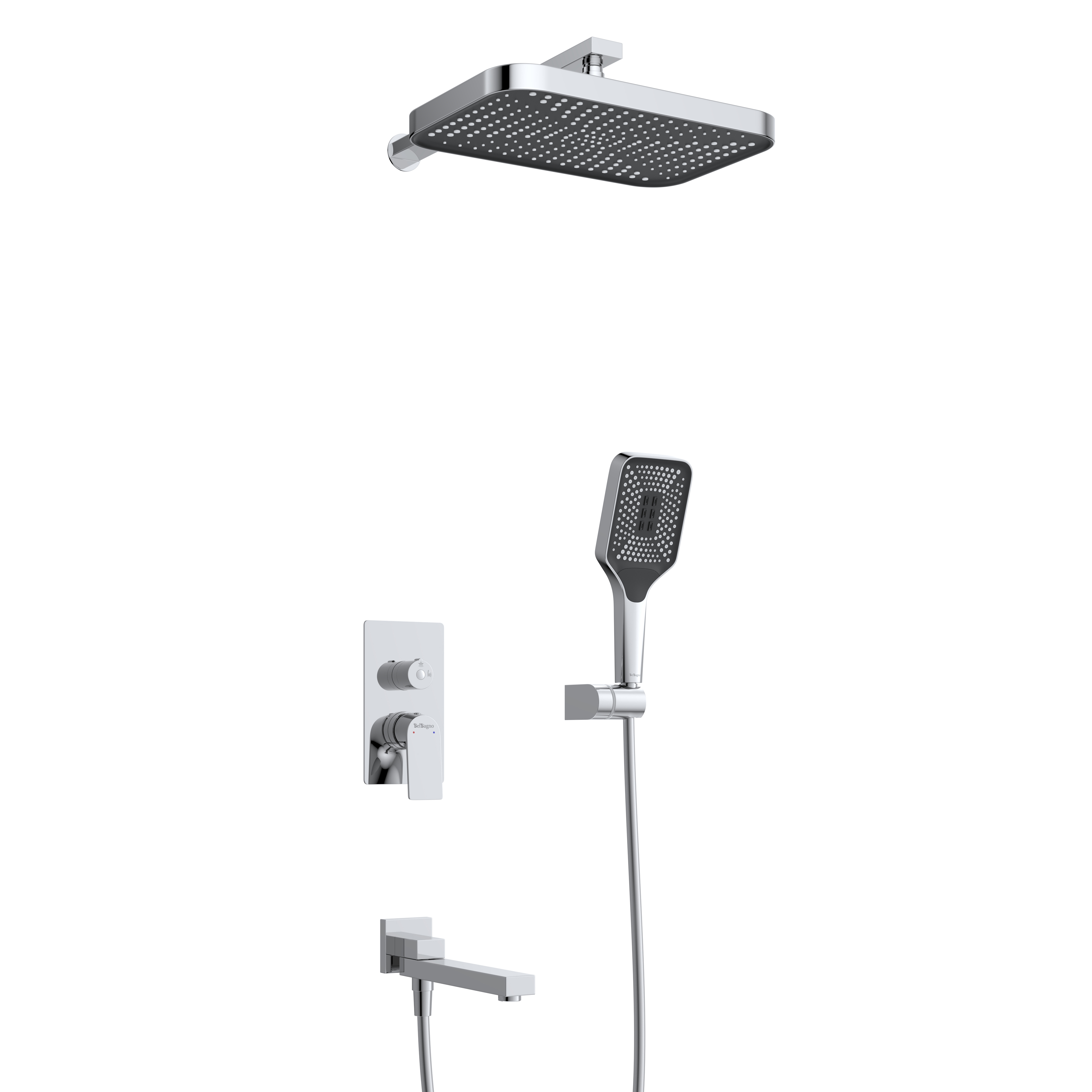 DUE Душевой комплект встраиваемый с изливом (смеситель встраиваемый, верхний душ, ручной душ со шлангом, штуцер с держателем), хром DUE-VDSET-CRM - Gidratop.ru изображение