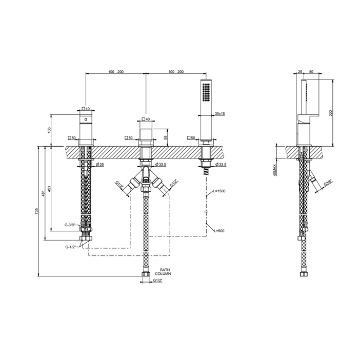 Gessi Rettangolo смеситель для ванны на 3 отверстия, с переключателем и ручным душем, без излива, цвет: черный - Gidratop.ru изображение
