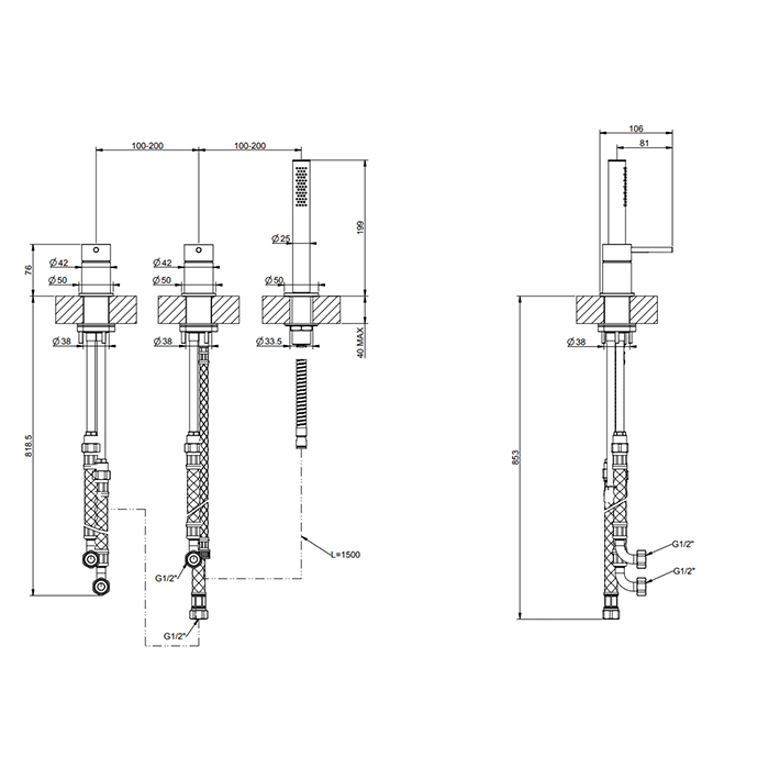GESSI 316 смеситель для ванны на 3 отверстия наполнение через слив-перелив с переключателем, убирающаяся душевая лейка, цвет: Black XL - Gidratop.ru изображение