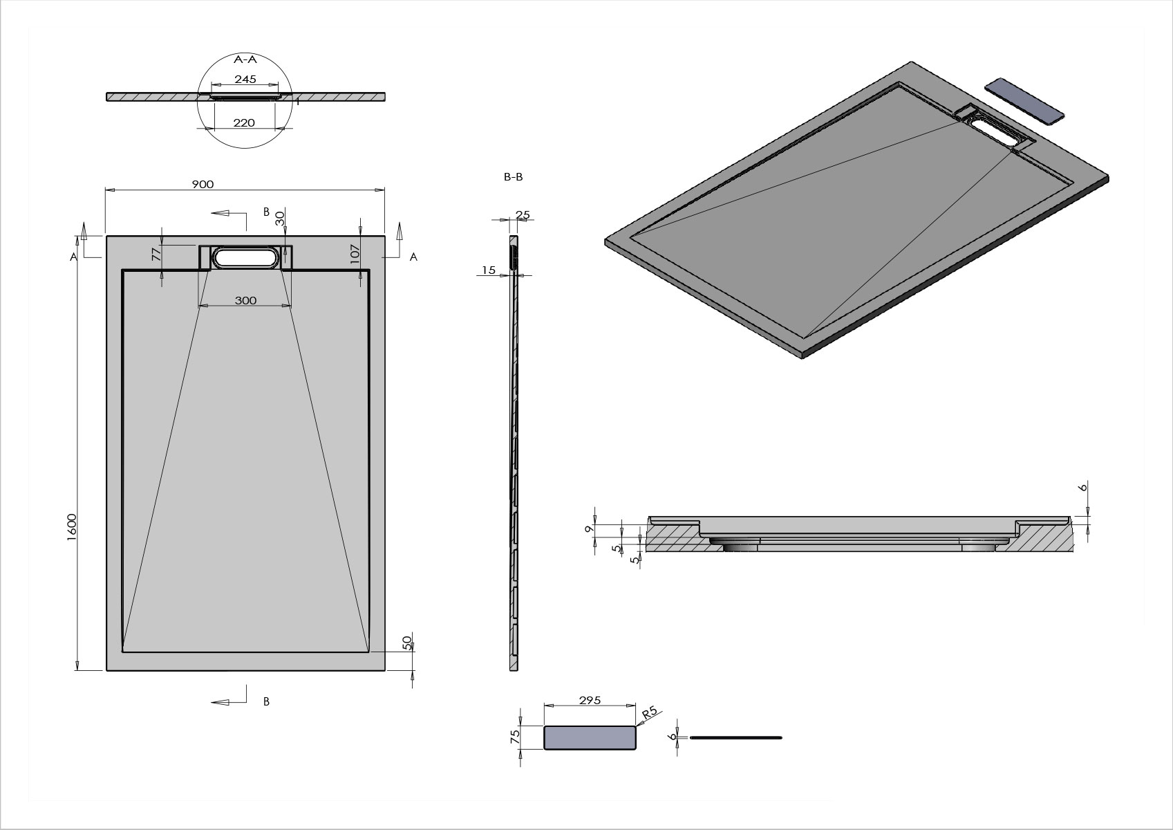 Поддон для душа из искусственного камня VST-4SRL9016W, 1600*900*25, белый матовый - Gidratop.ru изображение