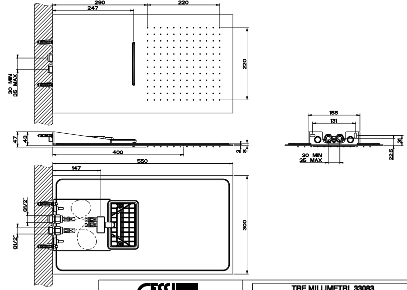 GESSI TREMILLIMETRI верхний душ QUADRO 300х550 мм., настенный монтаж, 2 режима: тропический ливень, водопад, цвет Black Metal Brushed PVD - Gidratop.ru изображение