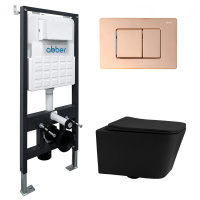 Комплект подвесной унитаз ABBER Rechteck AC1201MB черный матовый с инсталляцией AC0105 и кнопкой AC0120RG золото розовое