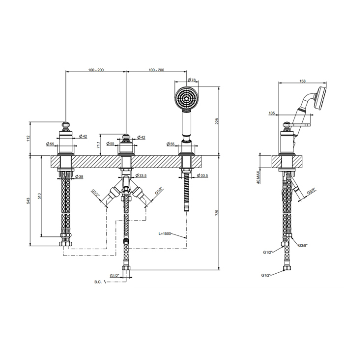 GESSI VENTI20 смеситель для установки на борт ванны на 3 отв., однор.й, без излива, с ручным душем и шлангом 1500 мм., цвет Black Metal Brushed PVD - Gidratop.ru изображение