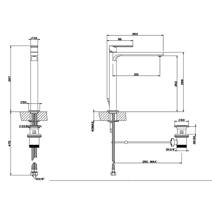 Gessi Emporio Via manzoni смеситель для раковины высокий с донным клапаном и соединительными шлангами, цвет: Chrome - Gidratop.ru изображение