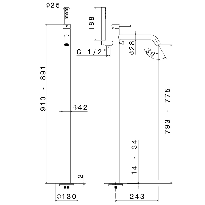 Newform X-STEEL 316 Смеситель для ванны напольный, излив 243 мм, в компл: руч. душ, шланг, без встр. части, (для 27819) цвет: PVD Brushed gun metal - Gidratop.ru изображение