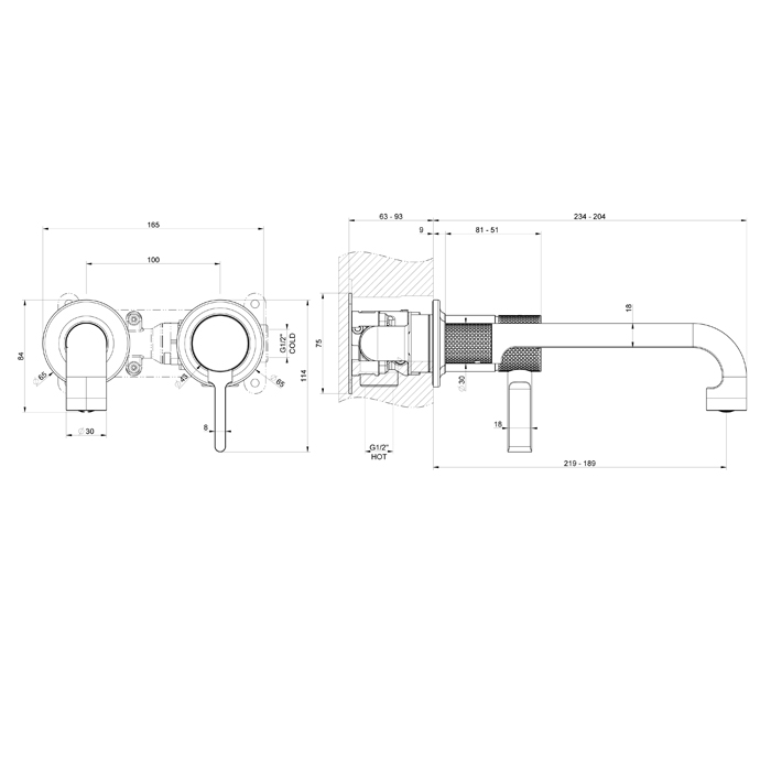 GESSI INCISO смеситель для раковины однорычажный, встраиваемый в стену, излив 189-219 мм., внешняя часть, цвет черный матовый - Gidratop.ru изображение