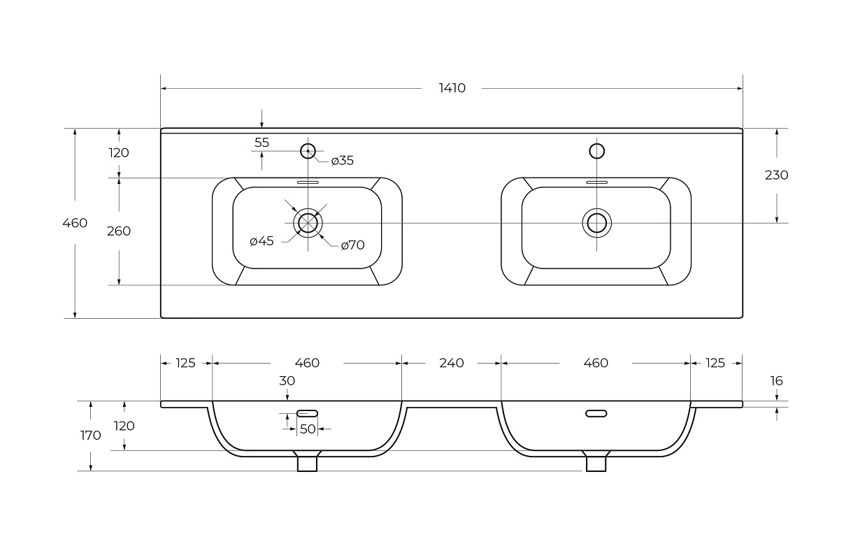 Керамическая раковина с двумя чашами CZR-8095-140-2, 1410x460x170 - Gidratop.ru изображение