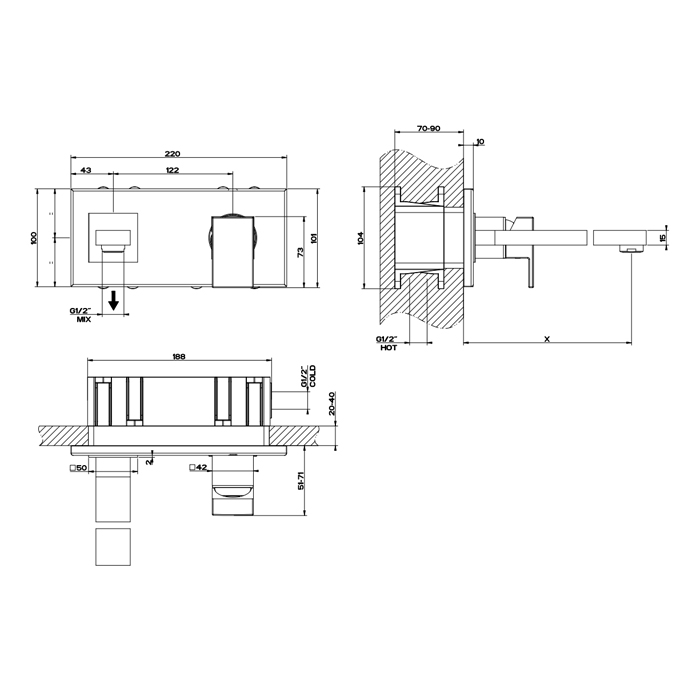 Gessi Rettangolo встраиваемый однорычажный смеситель с инд.длиной излива (70-300мм)(внешние части), цвет: черный - Gidratop.ru изображение