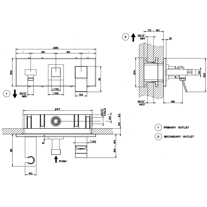 Gessi Rettangolo K встраиваемый смеситель однорычажный, подводом воды, держателем лейки и переключателем PUSH(внешние части), цвет: черный - Gidratop.ru изображение