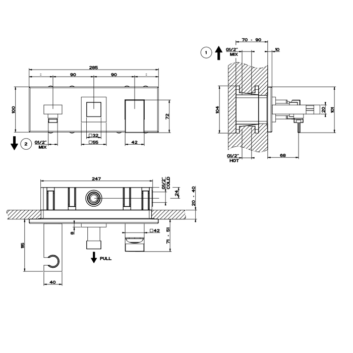Gessi Rettangolo встраиваемый смеситель с изливом, подводом воды, держателем лейки и переключателем PULL(внешние части), цвет: черный - Gidratop.ru изображение