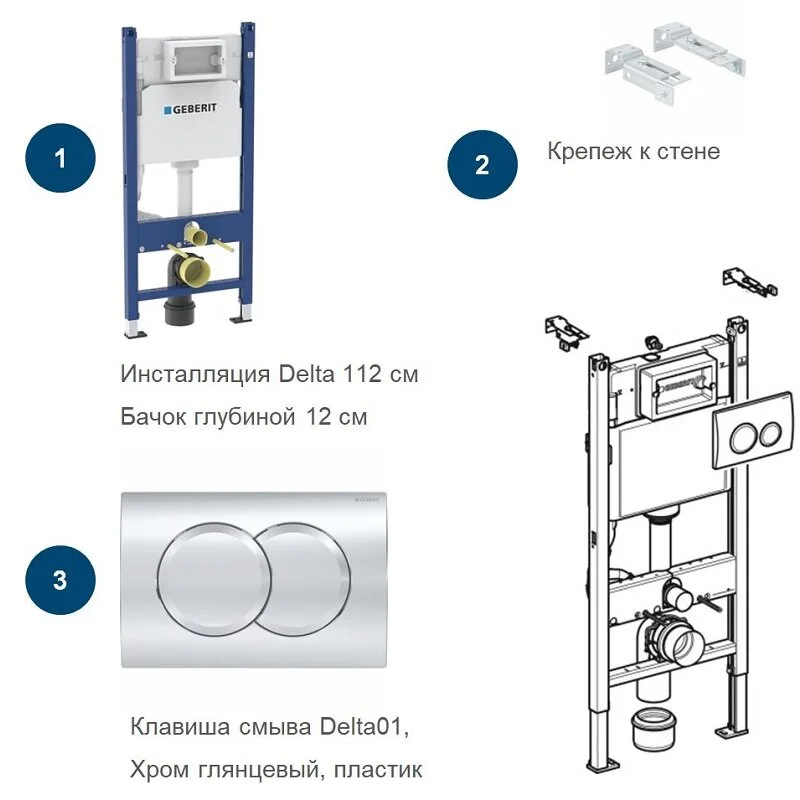 Инсталляция Geberit Duofix Delta для унитаза крепежом и с кнопкой Delta 21 хром, 458.149.21.1 - Gidratop.ru изображение