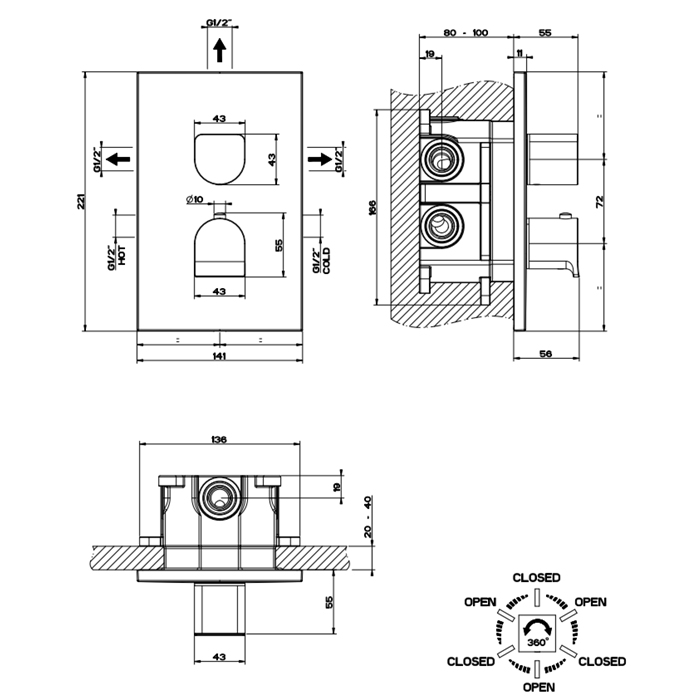 GESSI Rilievo встраиваемый смеситель для душа, термостатический,  на 3 источника (внешние части), цвет: хром - Gidratop.ru изображение