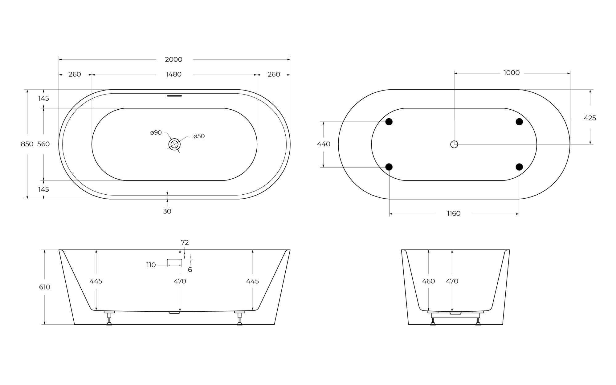 Акриловая ванна BELBAGNO BB416-2000-850 - Gidratop.ru изображение
