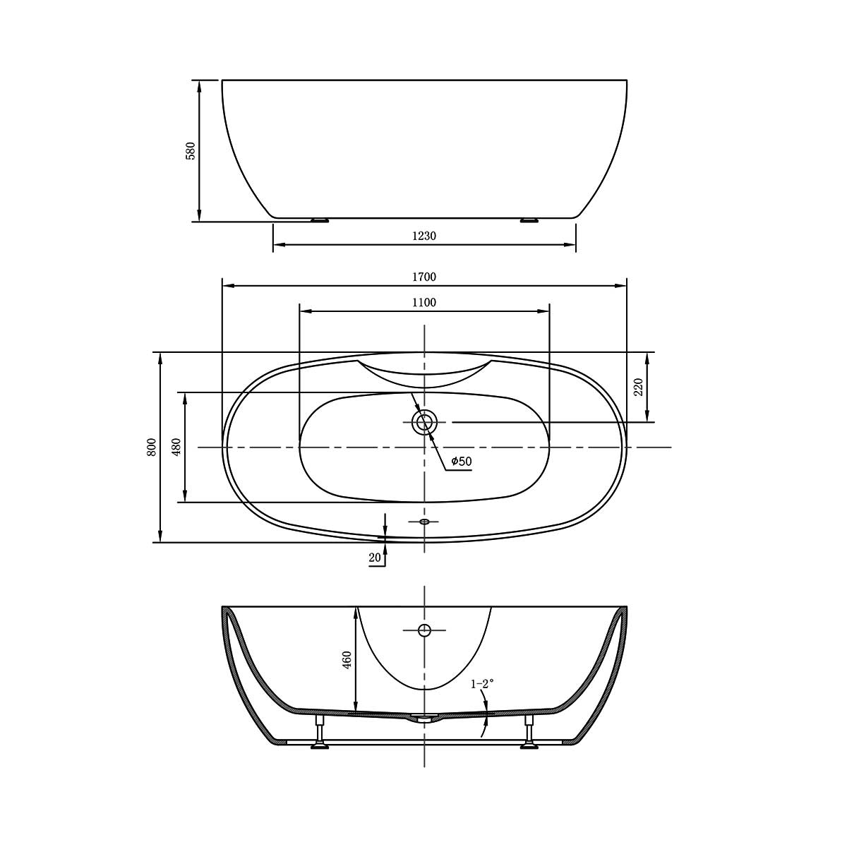 Ванна акриловая Vincea VBT-405B-1700, 1700*800*580, цвет белый, щелевой перелив - Gidratop.ru изображение
