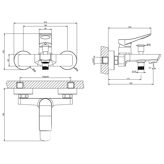 GESSI Rilievo смеситель для ванны настенный,  излив 153мм, с автоматическим переключателем ванна-душ, цвет: nero XL - Gidratop.ru изображение