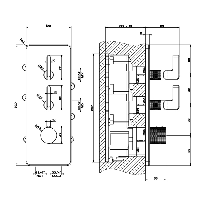 GESSI INCISO встраиваемый термостатический смеситель на 2 источника, резьба 3/4 (внешние части), цвет: nero XL - Gidratop.ru изображение