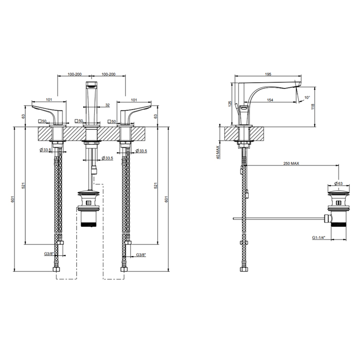 GESSI Rilievo смеситель для раковины на 3 отв. с донным клапаном h=125мм, излив 154мм, цвет: хром - Gidratop.ru изображение