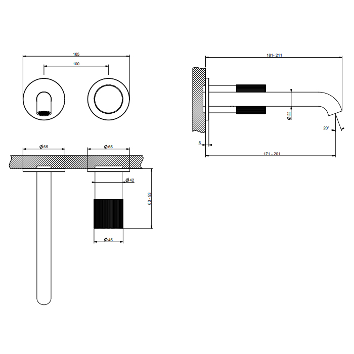 GESSI HABITO RIGATO смеситель для раковины настенный встраиваемый, однорычажный, цвет Black Metal Br. PVD - Gidratop.ru изображение