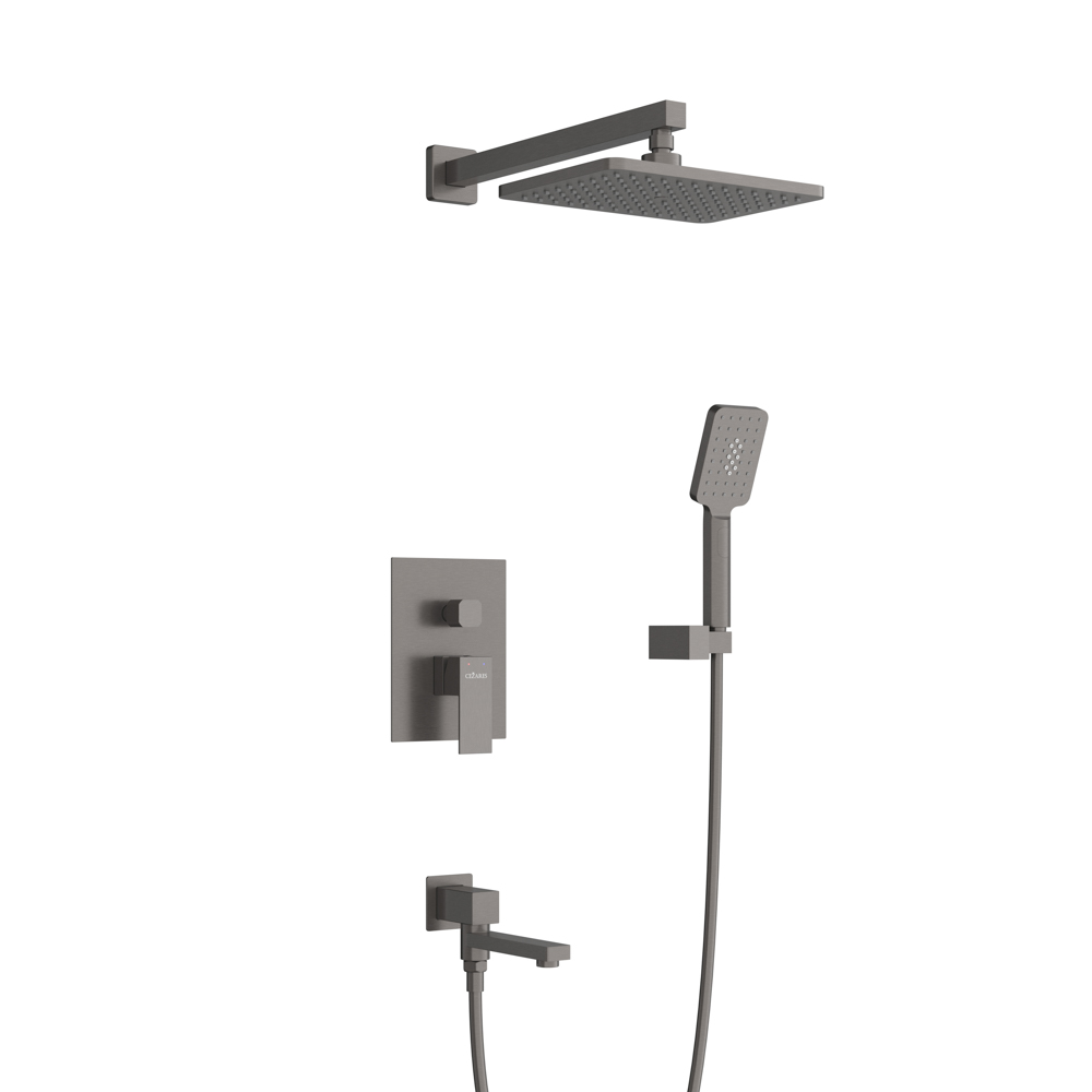 SLIDER-VDSET-GM Душевой комплект встраиваемый с изливом (смеситель встраиваемый, верхний душ, ручной душ со шлангом, излив, штуцер с держателем), оружейная сталь - Gidratop.ru изображение