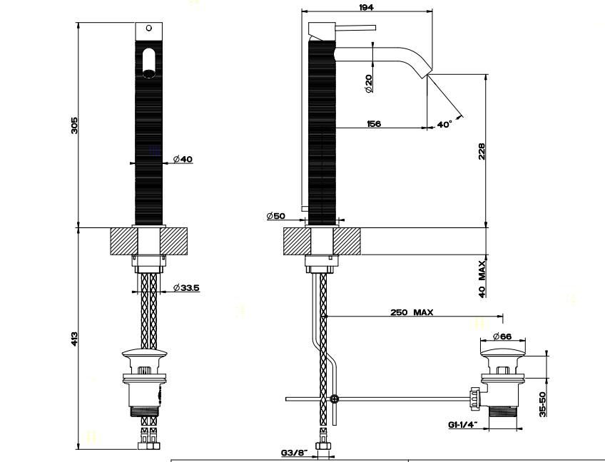 GESSI 316 смеситель для раковины на 1 отверстие, высокий, h=305мм, с донным клапаном, излив 156мм, цвет: steel brushed - Gidratop.ru изображение
