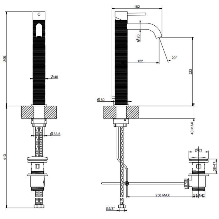 GESSI 316 смеситель для раковины на 1 отверстие, высокий, h=305мм, с донным клапаном, излив 123мм, цвет: brushed black metal pvd - Gidratop.ru изображение