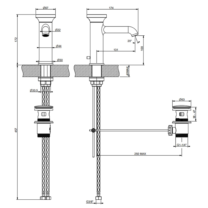 GESSI Origini смеситель для раковины c донным клапаном, с отделочной вставкой, цвет Finox Brushed Nickel - Gidratop.ru изображение