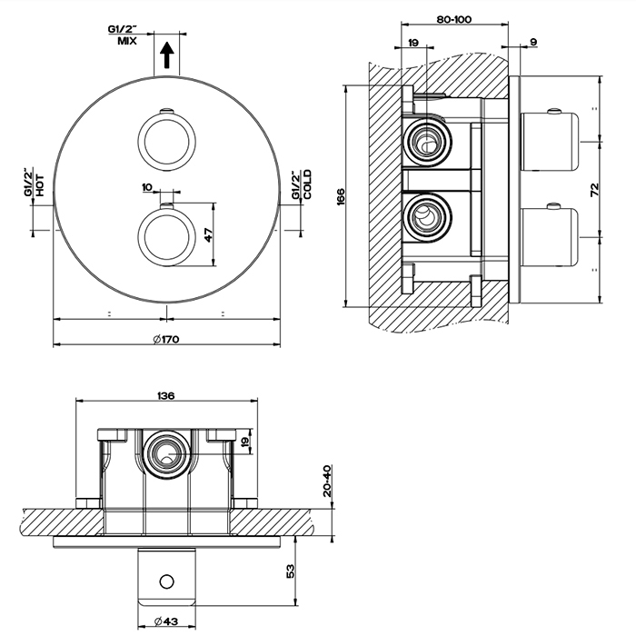 Gessi Goccia встраиваемый термостат, подключение на 3/4(внешние части), цвет: шлифованный хром - Gidratop.ru изображение