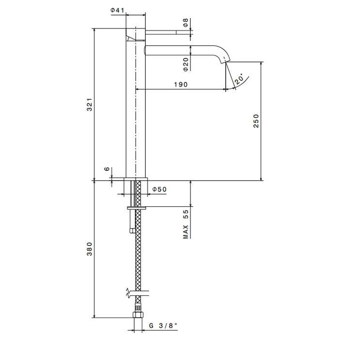 Newform X-STEEL 316 Смеситель для раковины на 1 отверстие, высокий, без донного клапана, излив 190мм, цвет: INOX - Gidratop.ru изображение