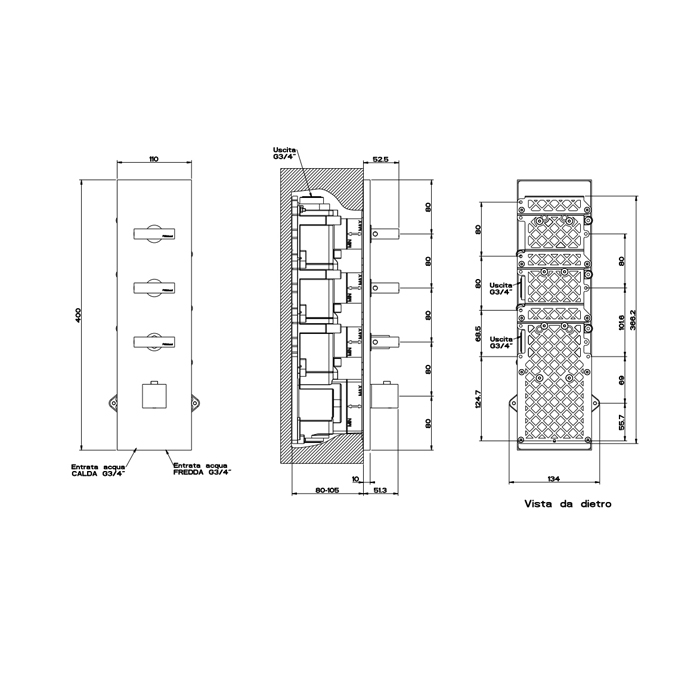 Gessi Rettangolo встраиваемый термостат, подключение на 3/4, с 3мя независимыми выходами(внешние части), цвет: черный - Gidratop.ru изображение