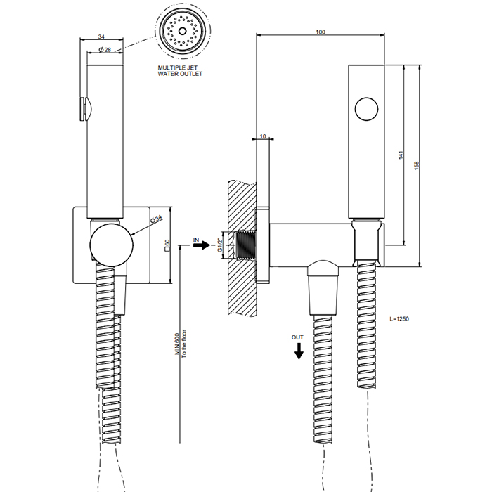 GESSI Rilievo гигиенический душ настенный на 1/2, цвет: nero XL - Gidratop.ru изображение