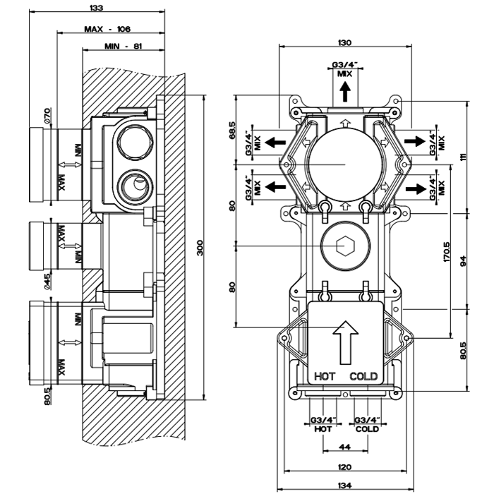 Gessi внутренняя часть встраиваемого термостатического смесителя с 5ю выходами и селектором - Gidratop.ru изображение