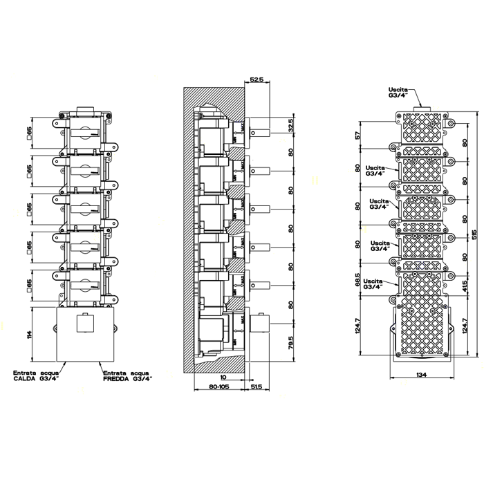 Gessi Rettangolo встраиваемый термостат, подключение на 3/4, с 5ю независимыми выходами(внешние части), цвет: хром - Gidratop.ru изображение